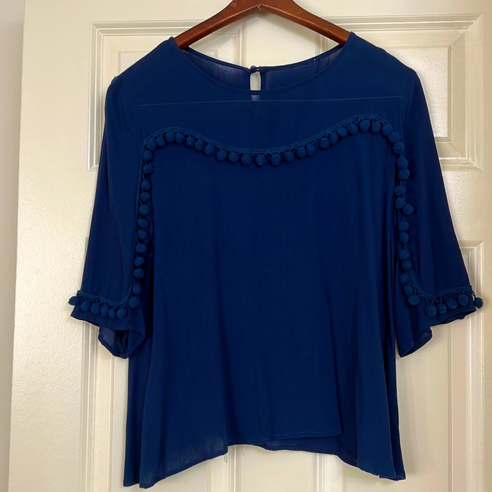 Lucky Brand Navy Blue Pom Pom Top